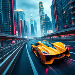 A sleek yellow hypercar racing through a futuristic cityscape