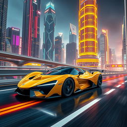 A sleek yellow hypercar racing through a futuristic cityscape