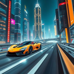 A sleek yellow hypercar racing through a futuristic cityscape