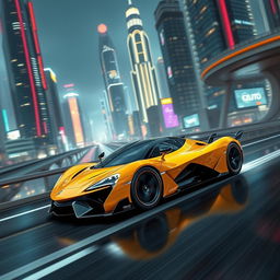 A sleek yellow hypercar racing through a futuristic cityscape