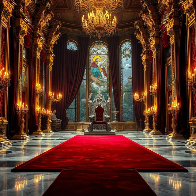 A magnificent royal throne room with intricate details, perfect for a fantasy novel cover