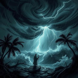 A dramatic and intense scene depicting a deadly storm, with dark swirling clouds, fierce lightning strikes, and torrential rain