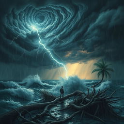 A dramatic and intense scene depicting a deadly storm, with dark swirling clouds, fierce lightning strikes, and torrential rain