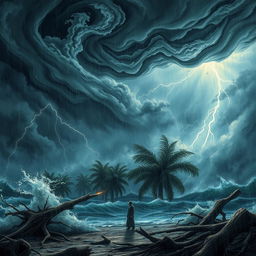 A dramatic and intense scene depicting a deadly storm, with dark swirling clouds, fierce lightning strikes, and torrential rain