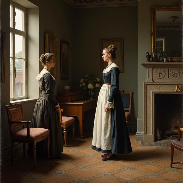 An interior scene of a 17th-century Dutch home, featuring a woman and her maid, captured in the style of Johannes Vermeer