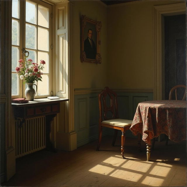 A painting of the interior of a 17th-century Dutch home, rendered in the style of Johannes Vermeer