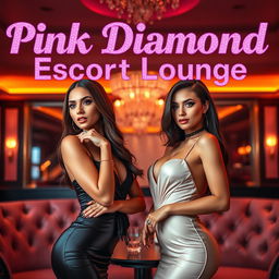 A captivating image of two elegant escorts posed gracefully, embodying allure and sophistication, set in the ambient interior of a luxurious lounge