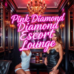 A glamorous scene inside an escort lounge featuring two poised and stylish escorts