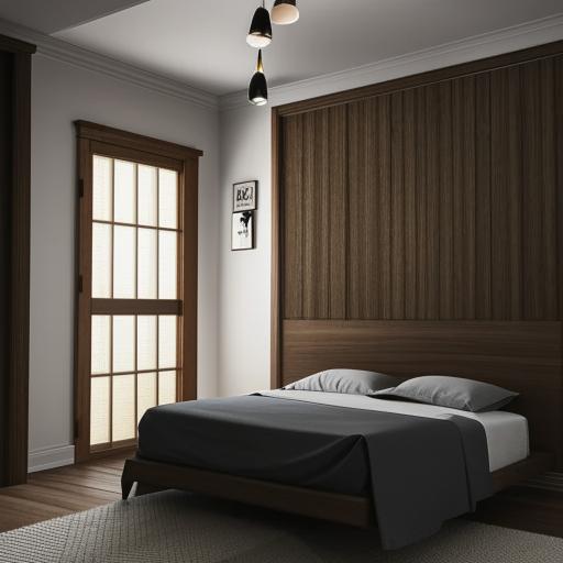 A revised aesthetic bedroom scene with a classic wooden-framed entrance door, an ascetic bed, car posters on a vintage white wall. A wooden window, LED lights, and an AC unit enrich the scene. Modern black curtains add a contrasting touch.