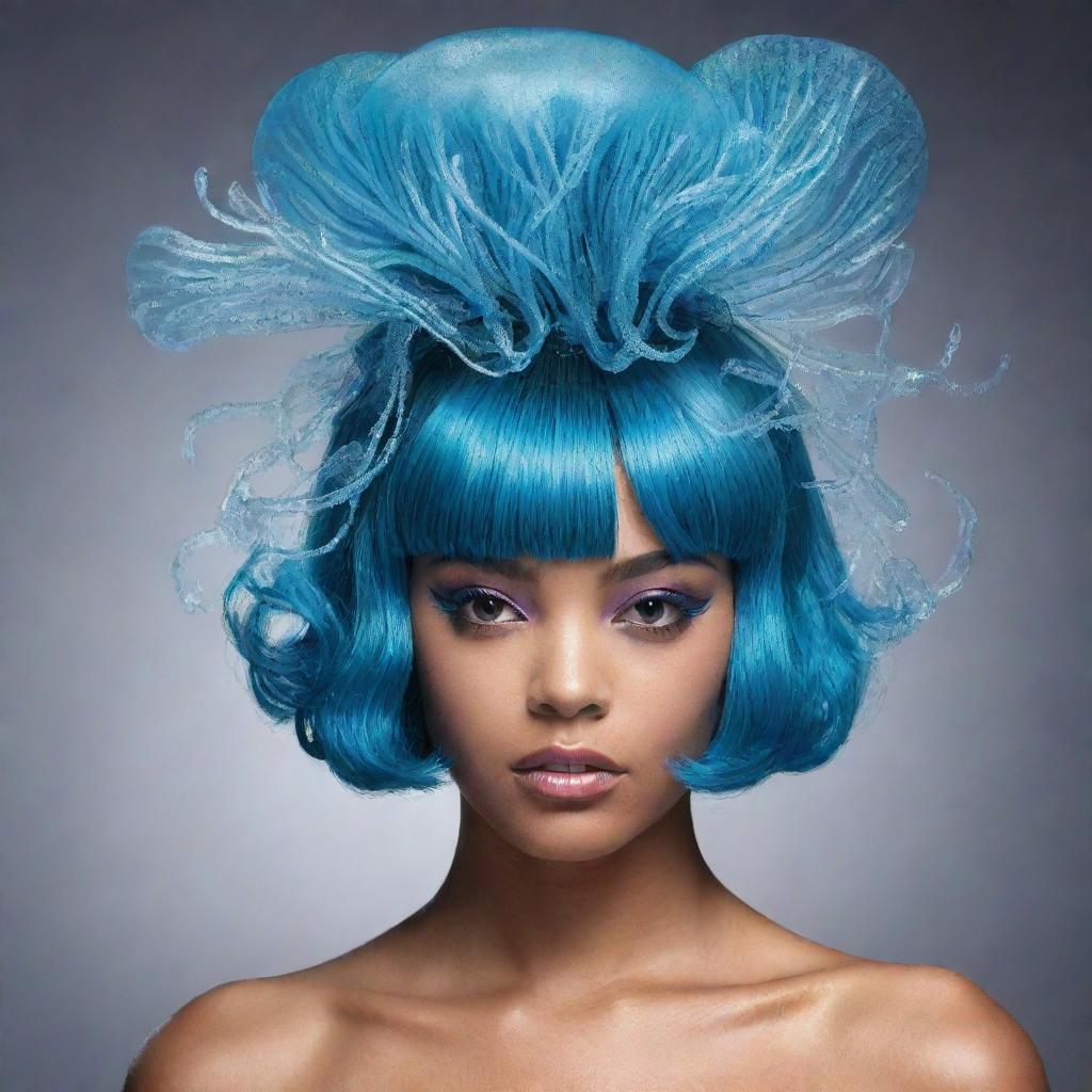 Create a striking image of a female prowler featuring an avant-garde jellyfish-inspired haircut, bringing a unique fusion of wild and aquatic aesthetics.