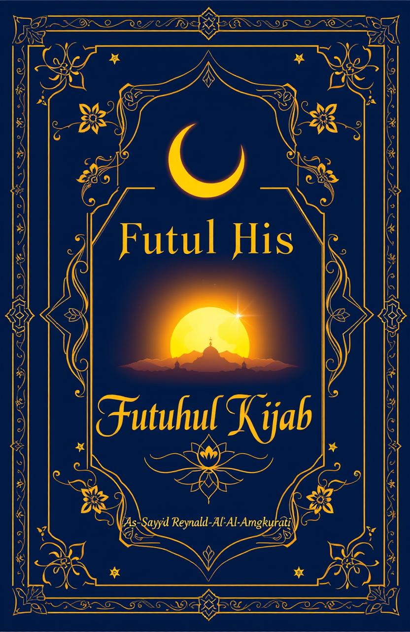 A book cover design for "Futuhul Hijab" by As-Sayyid Reynaldo Al-Amangkurati, featuring a glowing crescent moon above a rising sun, symbolizing spiritual enlightenment