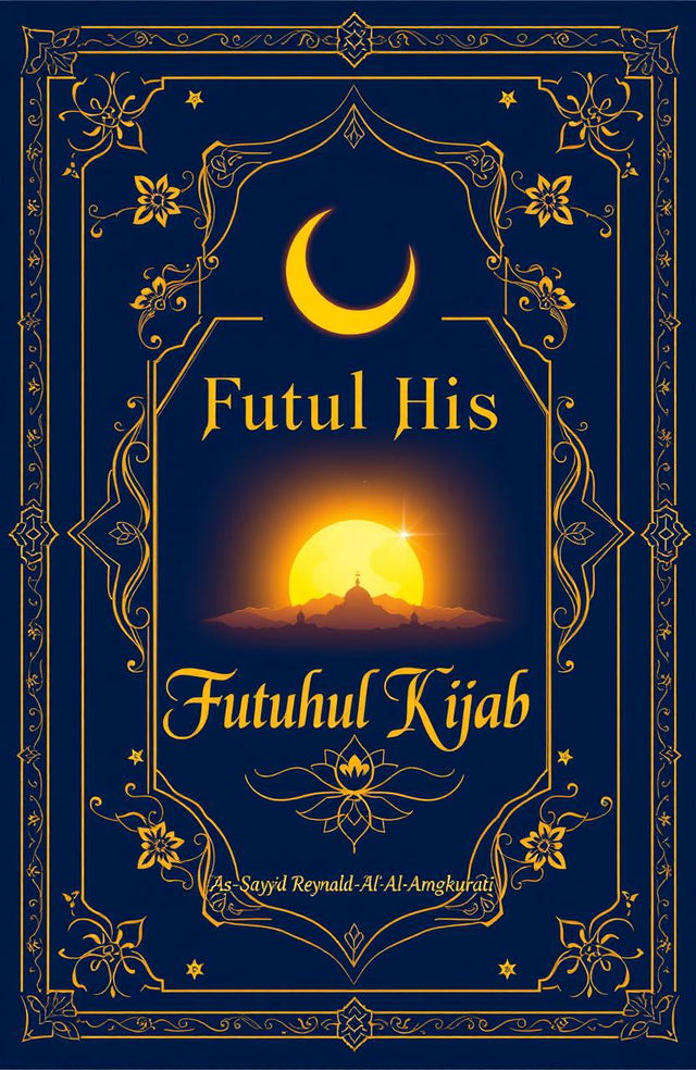 A book cover design for "Futuhul Hijab" by As-Sayyid Reynaldo Al-Amangkurati, featuring a glowing crescent moon above a rising sun, symbolizing spiritual enlightenment