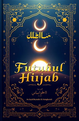 A book cover design for "Futuhul Hijab" by As-Sayyid Reynaldo Al-Amangkurati, featuring a glowing crescent moon above a rising sun, symbolizing spiritual enlightenment