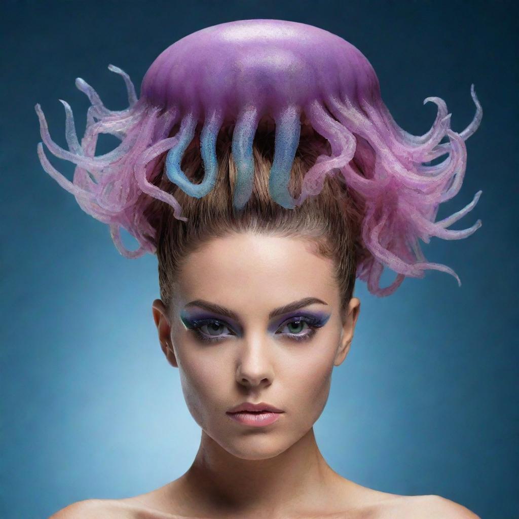 Create a striking image of a female prowler featuring an avant-garde jellyfish-inspired haircut, bringing a unique fusion of wild and aquatic aesthetics.