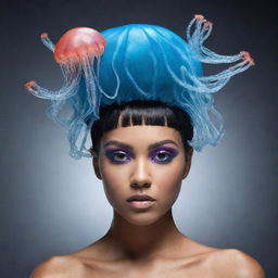 Create a striking image of a female prowler featuring an avant-garde jellyfish-inspired haircut, bringing a unique fusion of wild and aquatic aesthetics.