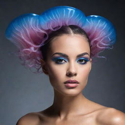 Create a striking image of a female prowler featuring an avant-garde jellyfish-inspired haircut, bringing a unique fusion of wild and aquatic aesthetics.