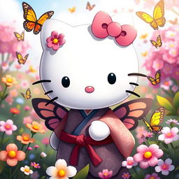 a creative fusion of Hello Kitty and Shinobu from Demon Slayer, featuring Hello Kitty with Shinobu's butterfly-pattern haori and a gentle smile, set in a serene butterfly garden, surrounded by colorful blossoms and fluttering butterflies, capturing the essence of both characters in a vibrant and harmonious way