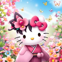 a creative fusion of Hello Kitty and Shinobu from Demon Slayer, featuring Hello Kitty with Shinobu's butterfly-pattern haori and a gentle smile, set in a serene butterfly garden, surrounded by colorful blossoms and fluttering butterflies, capturing the essence of both characters in a vibrant and harmonious way