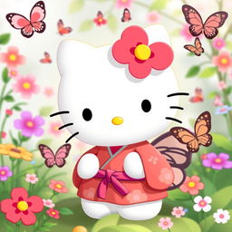 a creative fusion of Hello Kitty and Shinobu from Demon Slayer, featuring Hello Kitty with Shinobu's butterfly-pattern haori and a gentle smile, set in a serene butterfly garden, surrounded by colorful blossoms and fluttering butterflies, capturing the essence of both characters in a vibrant and harmonious way