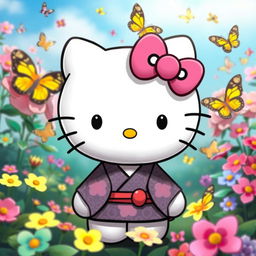 a creative fusion of Hello Kitty and Shinobu from Demon Slayer, featuring Hello Kitty with Shinobu's butterfly-pattern haori and a gentle smile, set in a serene butterfly garden, surrounded by colorful blossoms and fluttering butterflies, capturing the essence of both characters in a vibrant and harmonious way