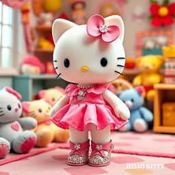 Hello Kitty wearing a cute and stylish outfit, adorned with a pink dress and a matching bow, charmingly accessorized with sparkling shoes and a delicate necklace, set in a cozy and colorful room filled with plush toys and cheerful decor, capturing the essence of Hello Kitty in a delightful and adorable way