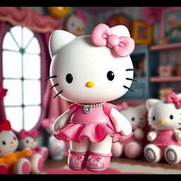 Hello Kitty wearing a cute and stylish outfit, adorned with a pink dress and a matching bow, charmingly accessorized with sparkling shoes and a delicate necklace, set in a cozy and colorful room filled with plush toys and cheerful decor, capturing the essence of Hello Kitty in a delightful and adorable way