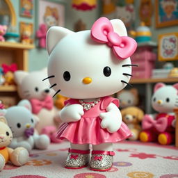 Hello Kitty wearing a cute and stylish outfit, adorned with a pink dress and a matching bow, charmingly accessorized with sparkling shoes and a delicate necklace, set in a cozy and colorful room filled with plush toys and cheerful decor, capturing the essence of Hello Kitty in a delightful and adorable way