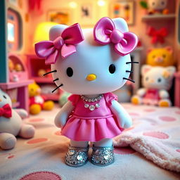 Hello Kitty wearing a cute and stylish outfit, adorned with a pink dress and a matching bow, charmingly accessorized with sparkling shoes and a delicate necklace, set in a cozy and colorful room filled with plush toys and cheerful decor, capturing the essence of Hello Kitty in a delightful and adorable way