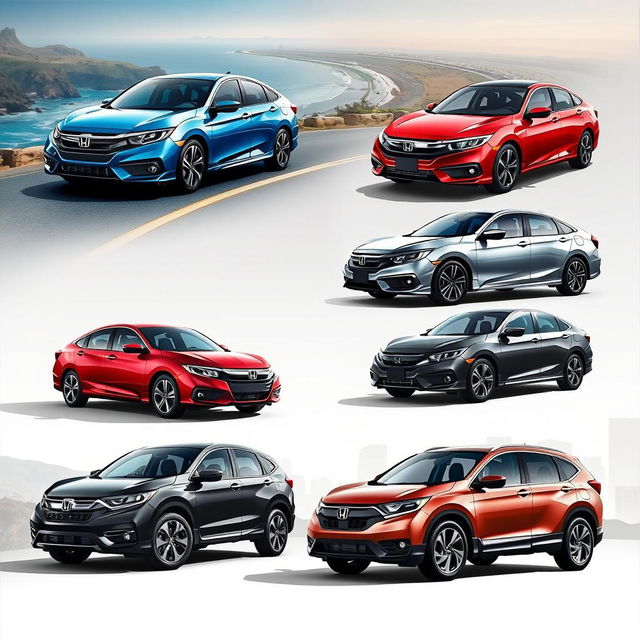 A stunning showcase of various Honda cars, featuring models like the Honda Civic, Accord, and CR-V