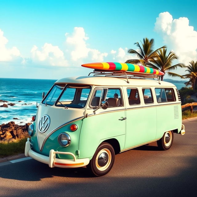 A vintage Volkswagen Kombi bus, painted in a retro color scheme with pastel hues like mint green and cream