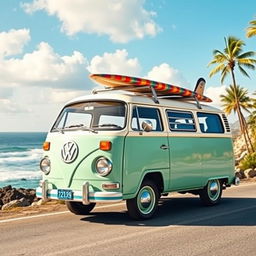 A vintage Volkswagen Kombi bus, painted in a retro color scheme with pastel hues like mint green and cream