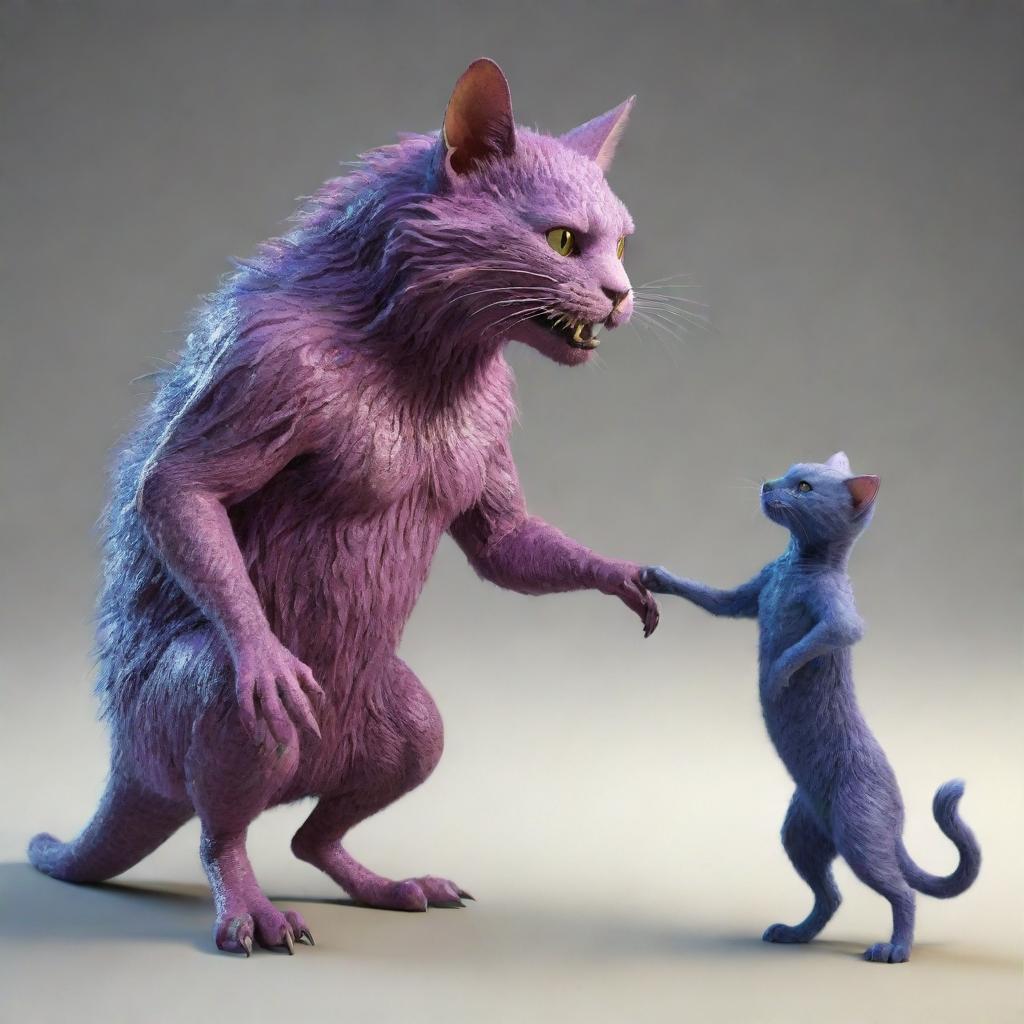 Render an image of 'Mogswort', the fantastical creature, interacting with a character named 'K Shami'. They should both be mewing or making cat-like sounds.