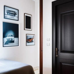 A revised aesthetic bedroom scene with a classic wooden-framed entrance door, an ascetic bed, car posters on a vintage white wall. A wooden window, LED lights, and an AC unit enrich the scene. Modern black curtains add a contrasting touch.