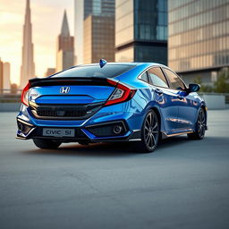 An impressive visual of the 2023 Honda Civic Si, portrayed in a captivating metallic blue hue