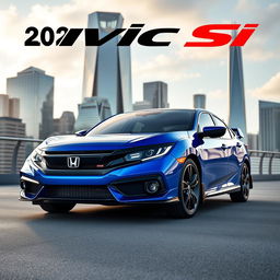 An impressive visual of the 2023 Honda Civic Si, portrayed in a captivating metallic blue hue