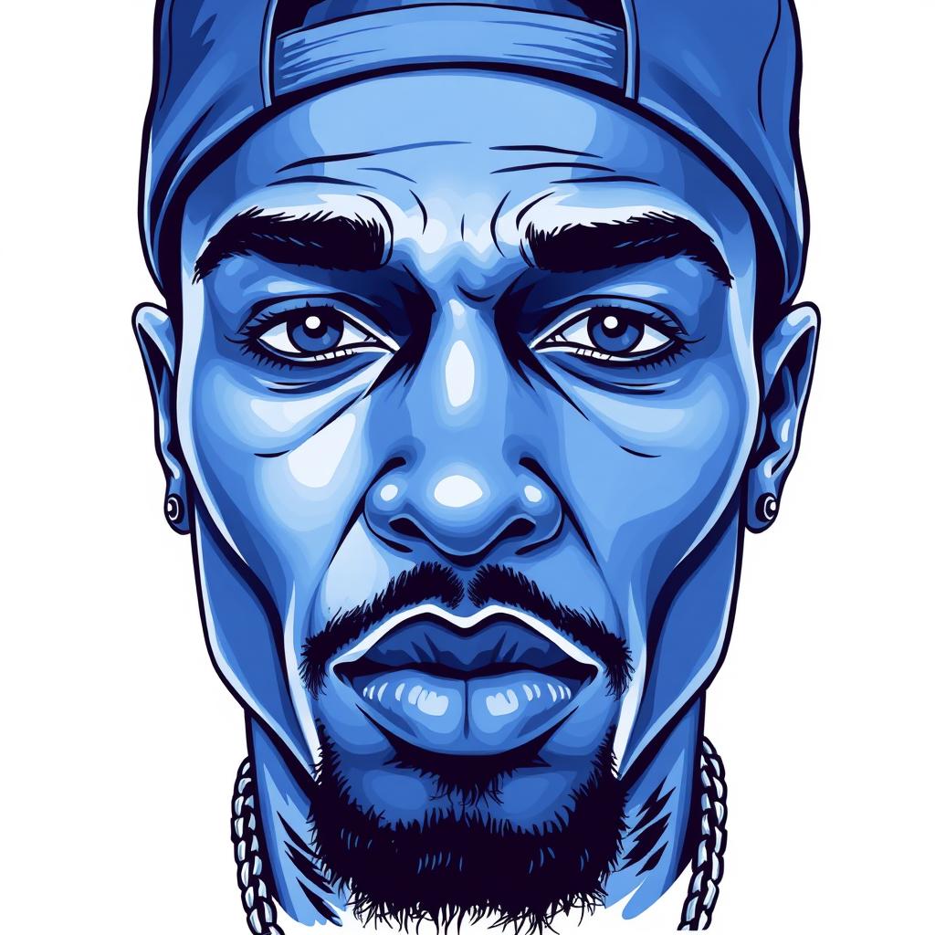 A detailed illustration of a rapper's face, rendered entirely in shades of blue, set against a clean white background