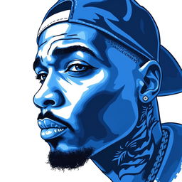 A detailed illustration of a rapper's face, rendered entirely in shades of blue, set against a clean white background