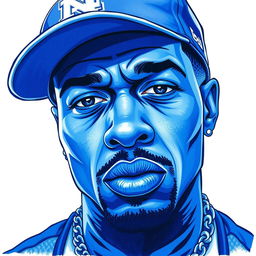 A detailed illustration of a rapper's face, rendered entirely in shades of blue, set against a clean white background