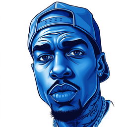 A detailed illustration of a rapper's face, rendered entirely in shades of blue, set against a clean white background