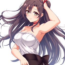 a beautiful anime-style female character with alluring eyes and flowing hair, posing gracefully with an emphasis on her curves, embodying the essence of a waifu, alluring yet tasteful