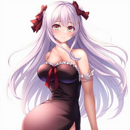 a beautiful anime-style female character with alluring eyes and flowing hair, posing gracefully with an emphasis on her curves, embodying the essence of a waifu, alluring yet tasteful