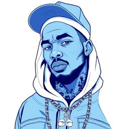 A full view illustration of a rapper rendered entirely in shades of blue, set against a pristine white background