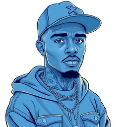 A full view illustration of a rapper rendered entirely in shades of blue, set against a pristine white background