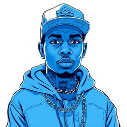 A full view illustration of a rapper rendered entirely in shades of blue, set against a pristine white background