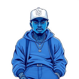 A full view illustration of a rapper rendered entirely in shades of blue, set against a pristine white background