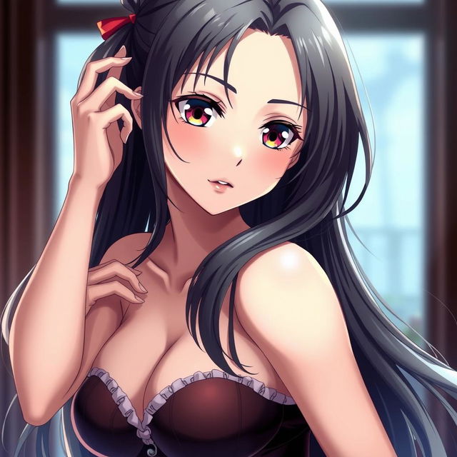 a seductive anime-style female character with captivating eyes and long, flowing hair, posed gracefully to highlight her alluring curves, capturing the allure of a classic waifu character in an enticing yet artistic manner