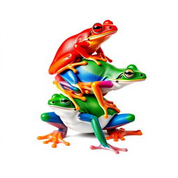 A vertical, full-body portrait of three differently colored frogs stacked on top of each other in a pop art style