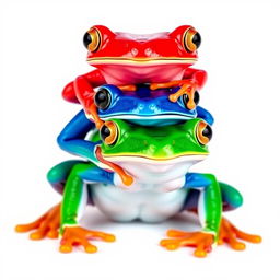 A vertical, full-body portrait of three differently colored frogs stacked on top of each other in a pop art style