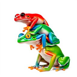 A vertical, full-body portrait of three differently colored frogs stacked on top of each other in a pop art style