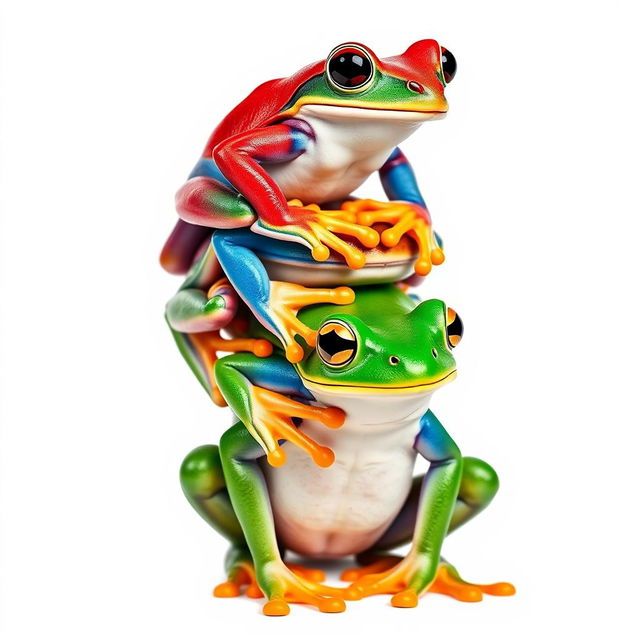 A vertical, full-body portrait of three differently colored frogs stacked on top of each other in a pop art style